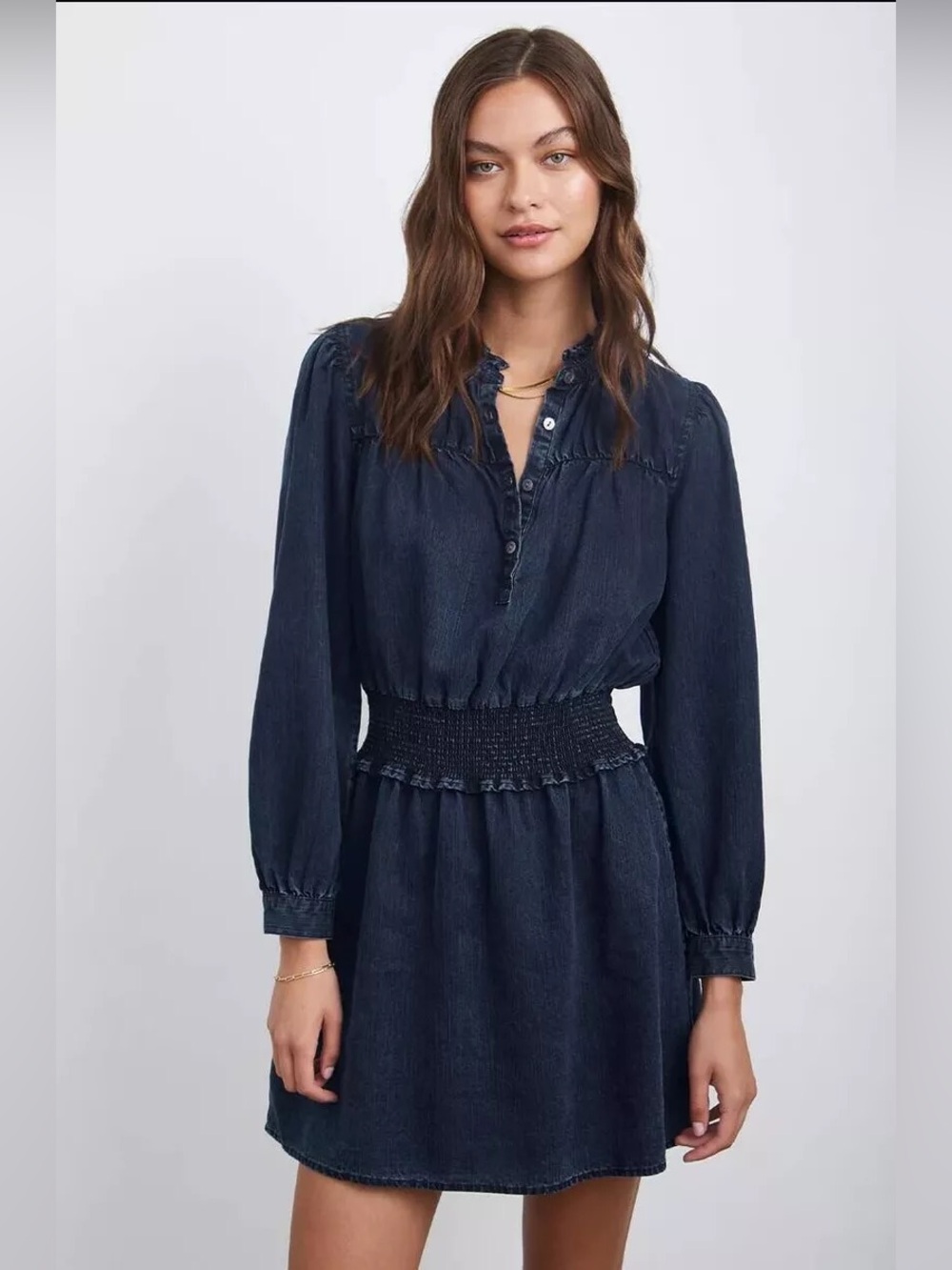 Rails Shawna Blue Navy Smocked-Waist Long Sleeve Mini Dress Size Medium